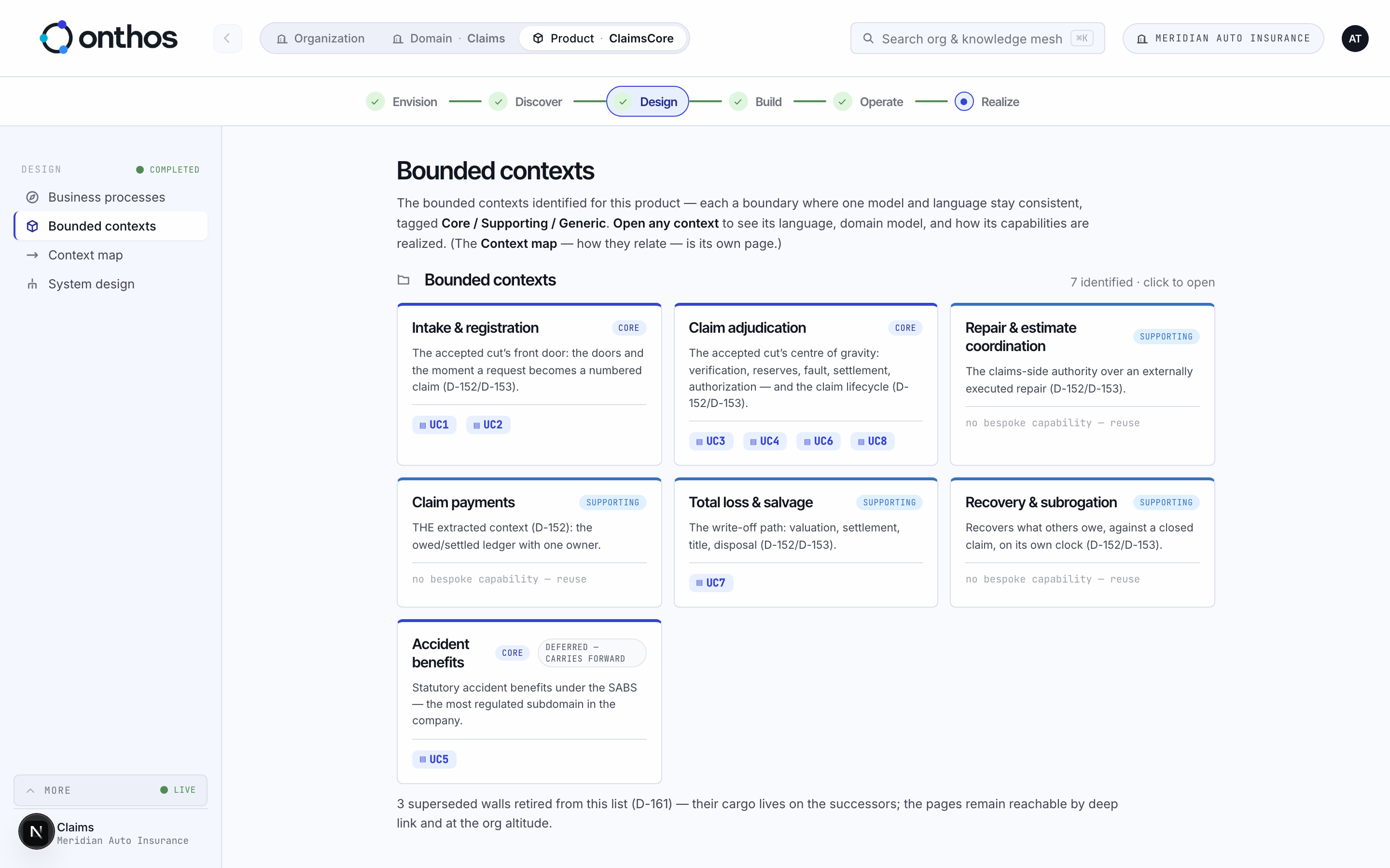 Bounded contexts of the product, each core, supporting or generic, with its use cases